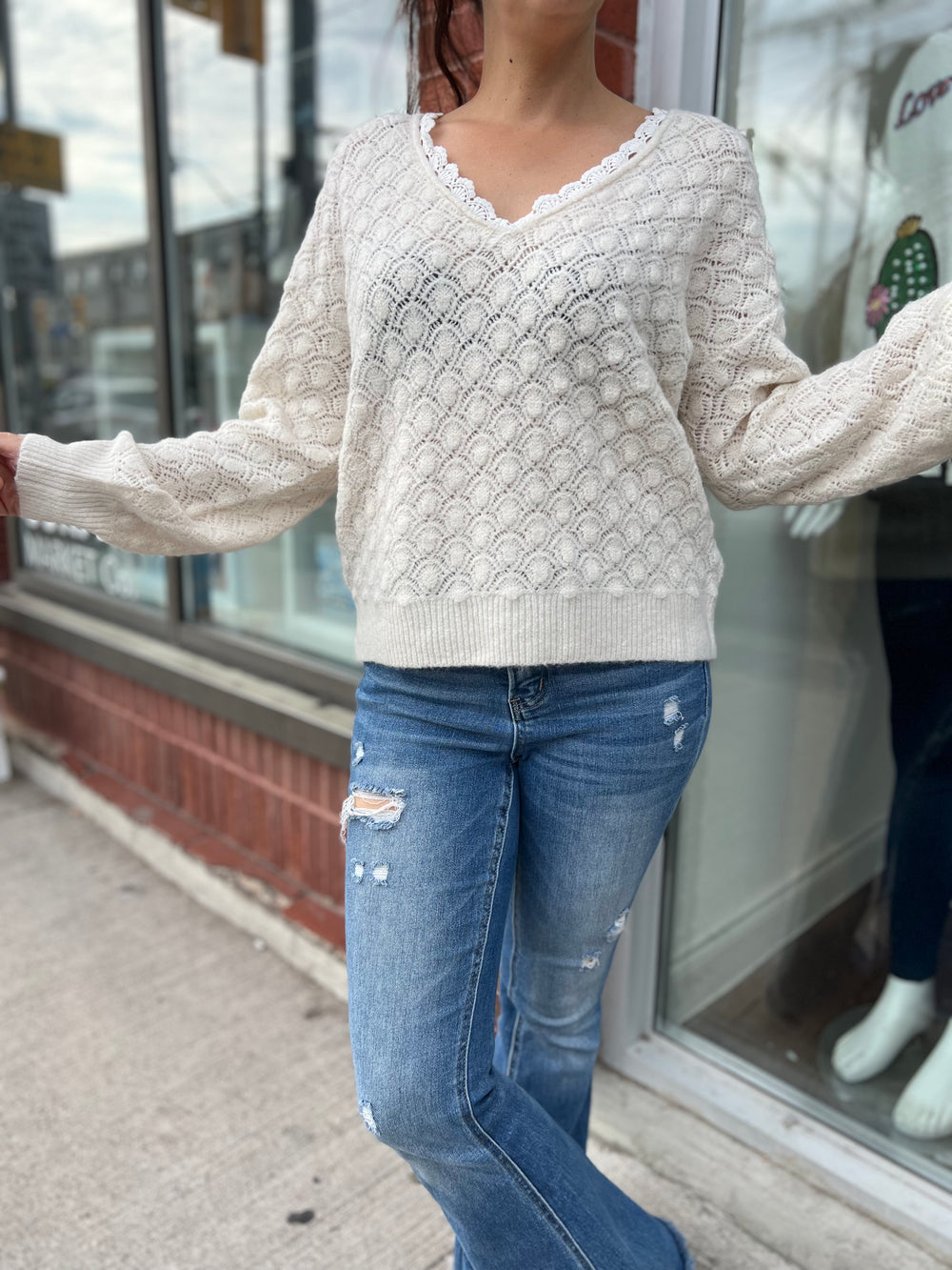 ALEGRA BEIGE EMBROIDERED TRIM SWEATER