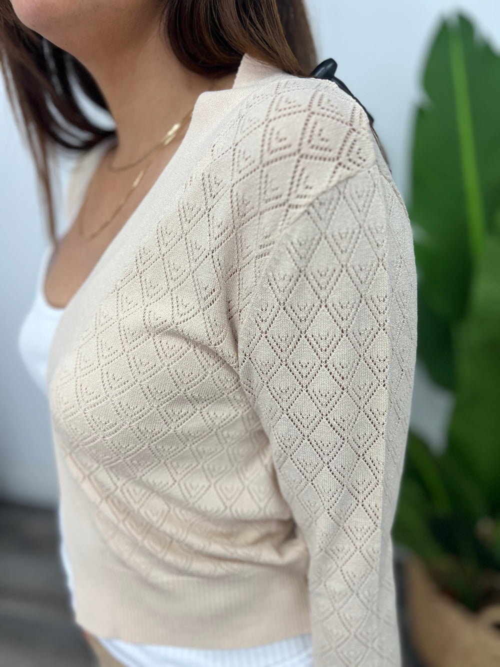 LIDIA BEIGE OPEN CARDI W/PERF PRINT