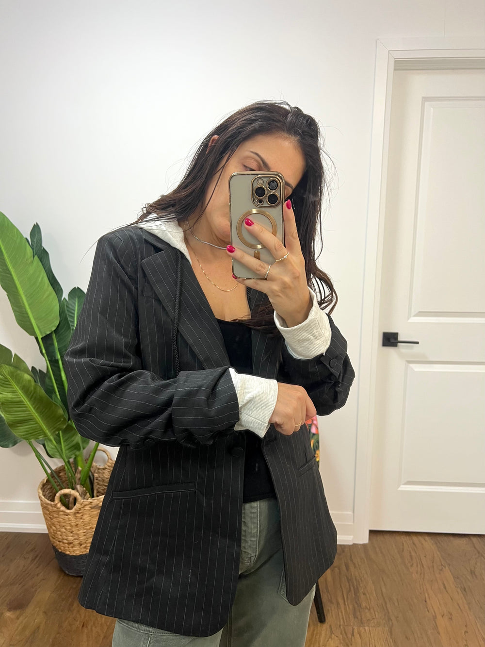 PINSTRIPE BLAZER W/HOOD INSERT