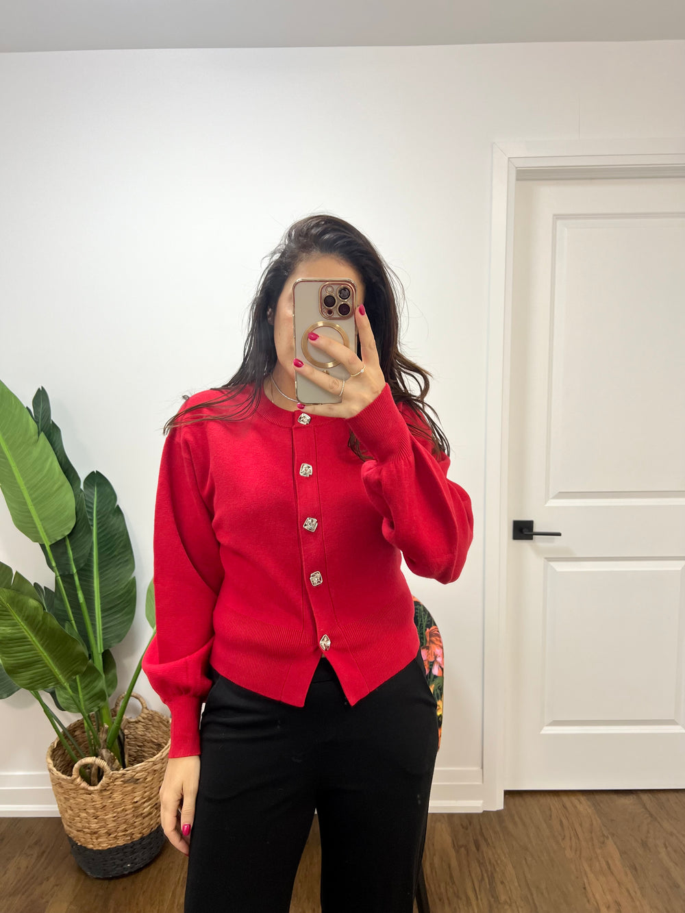 RED CARDI W/UNIQUE SILVER BUTTONS