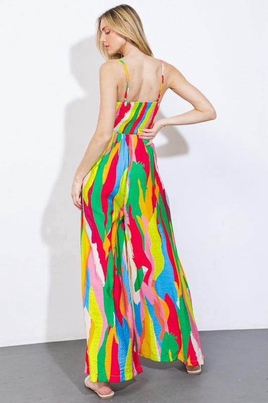 PRIMARY ABSTRACT SPAG STRAP JUMPSUIT