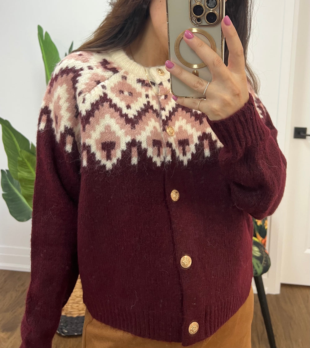 KATLEYN PRUNE L/S GOLD BUTTON CARDI FAIR
