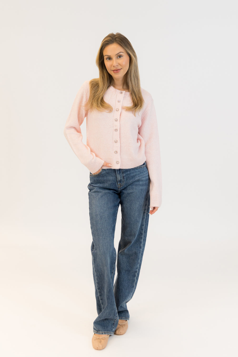 AISHA PINK CRYSTAL BUTTON CARDIGAN`