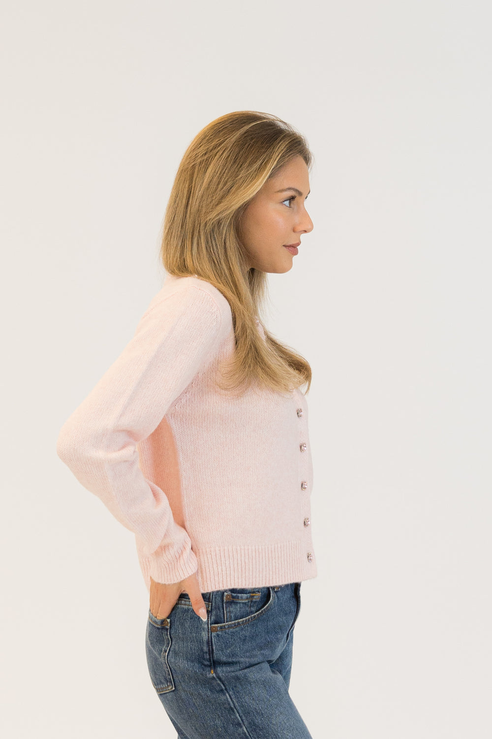 AISHA PINK CRYSTAL BUTTON CARDIGAN`