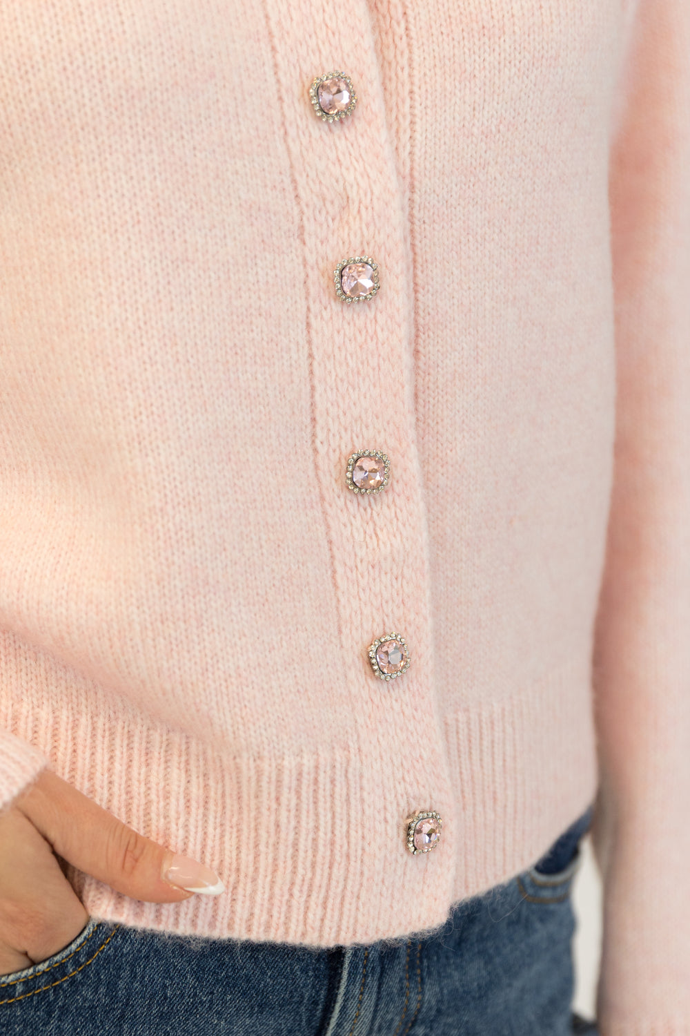 AISHA PINK CRYSTAL BUTTON CARDIGAN`