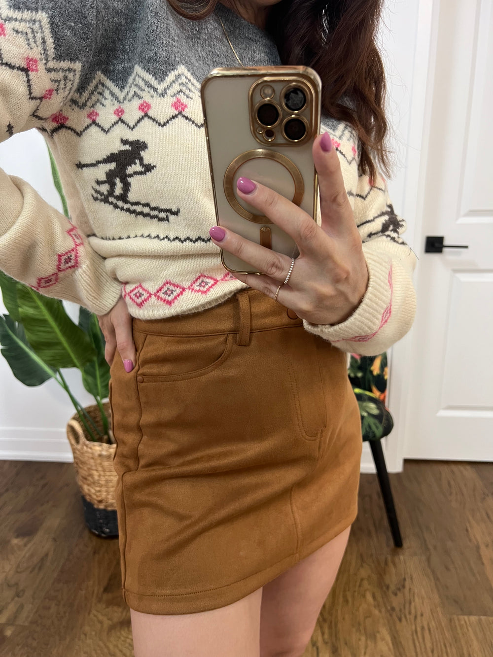 COGNAC MISSY ZIP UP SKIRT FAUX SUEDE
