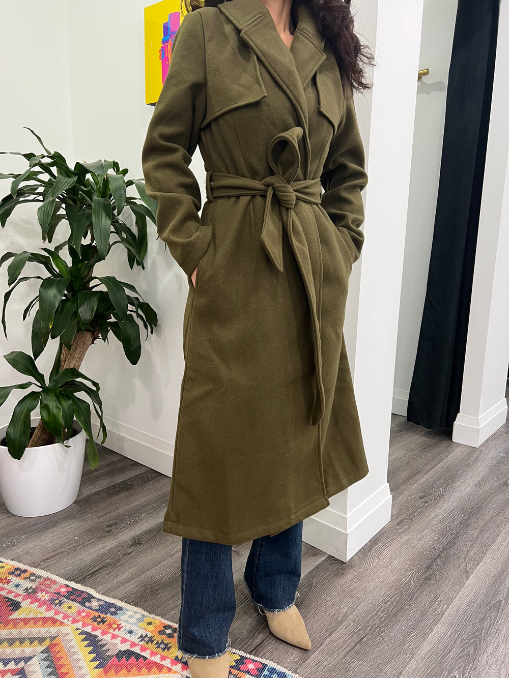 DARK OLIVE MILITARY COTTON BELTED COAT