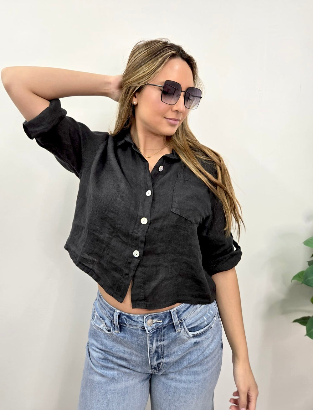 BIAN BLACK LINEN WIDE BUTTONDOWN