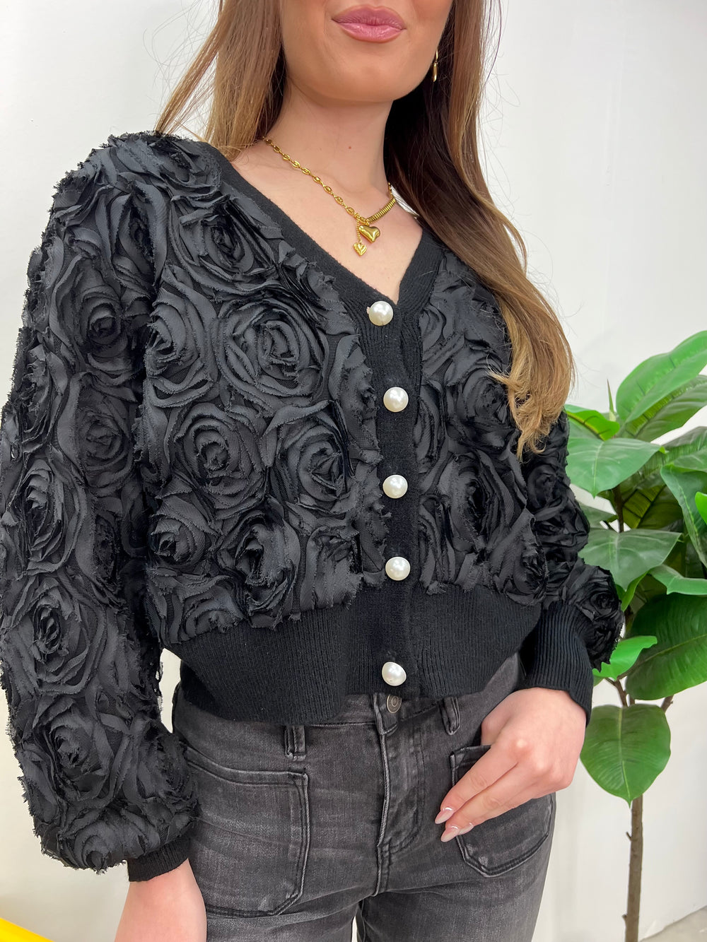 BLACK 3D ROSES CARDI PEARL BUTTONS