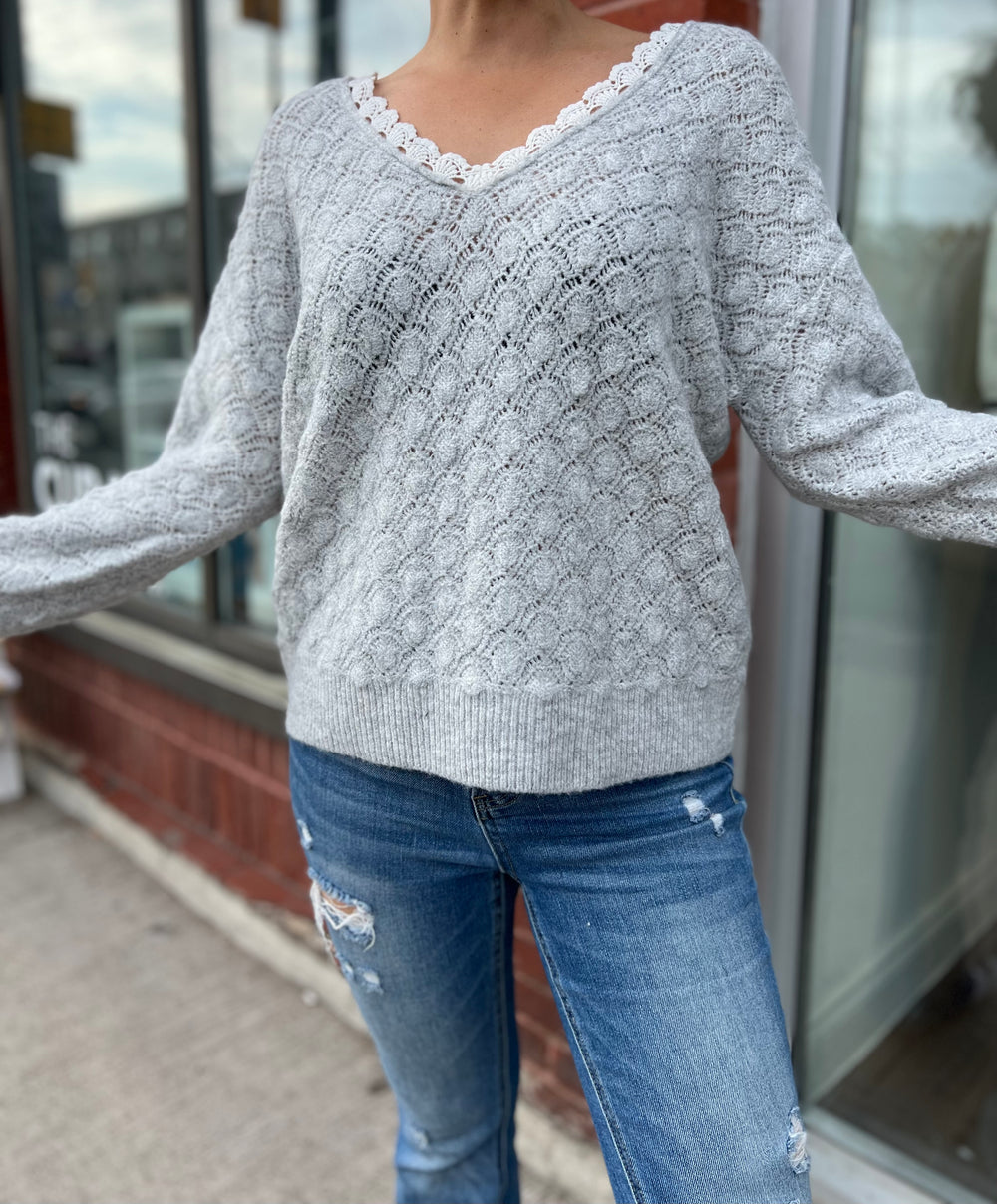 ALEGRA GREY EMBROIDERED TRIM SWEATER