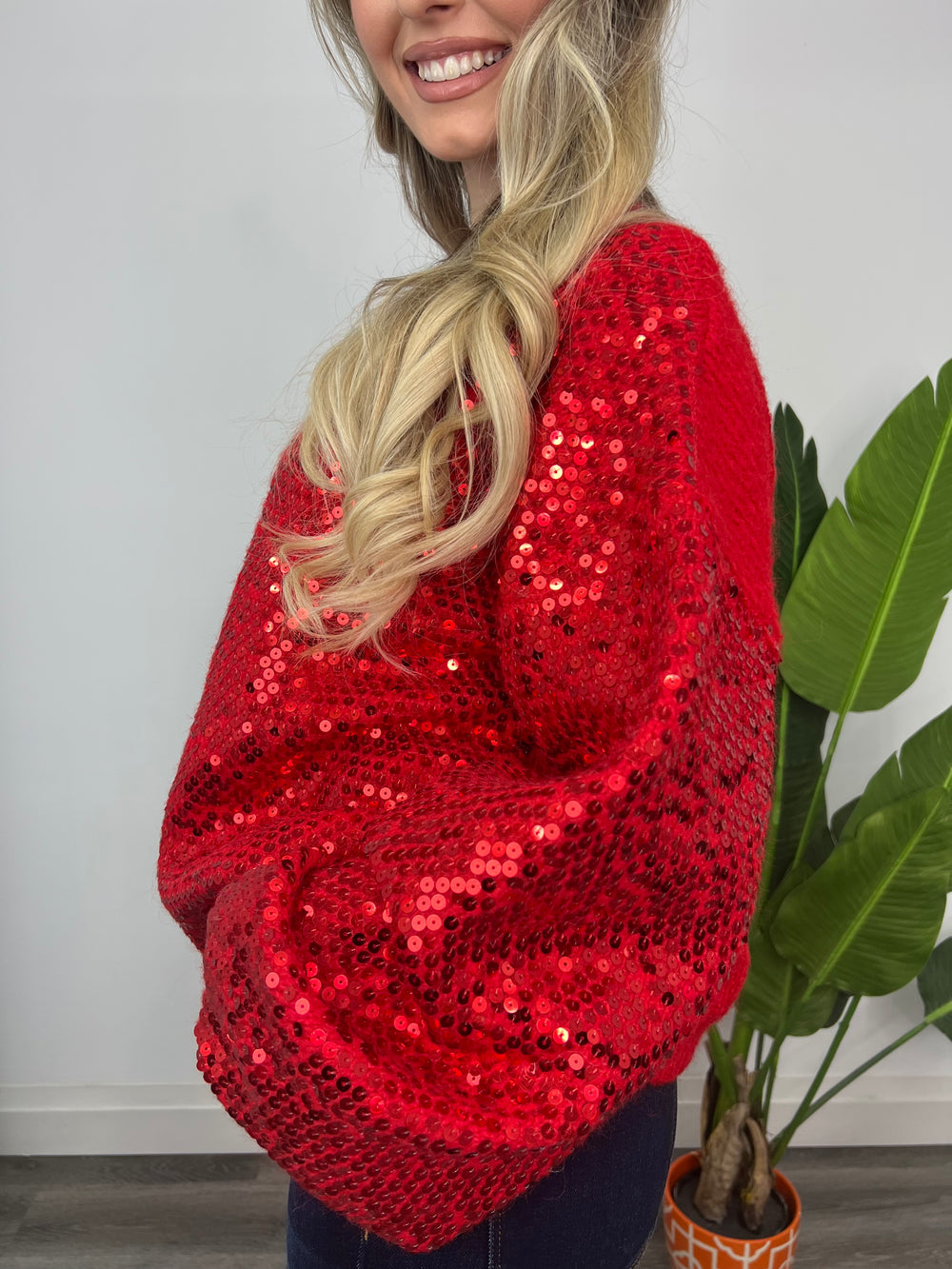 RED OVERSIZED SEQUIN SOFT SWEATER
