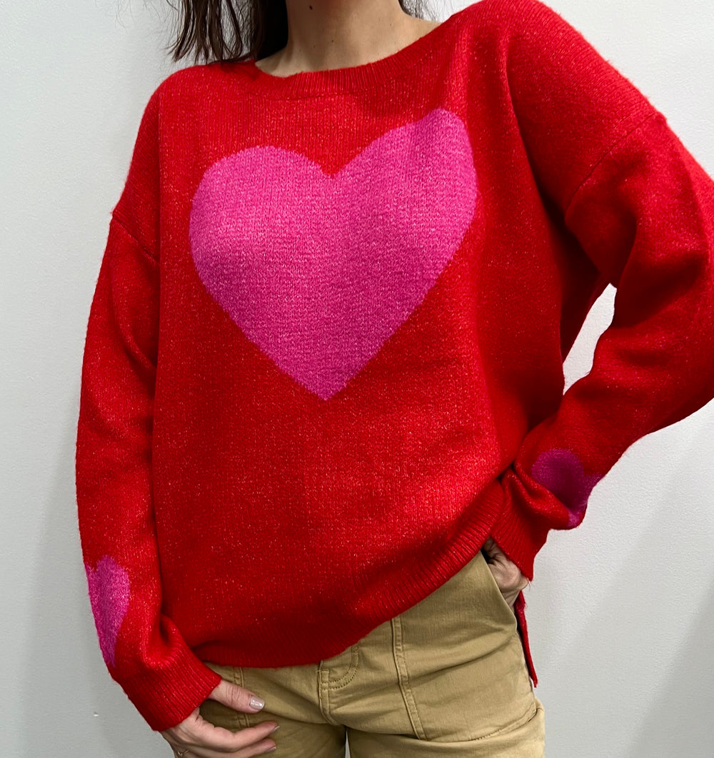 DIRA RED BIG PINK HEART SWEATER