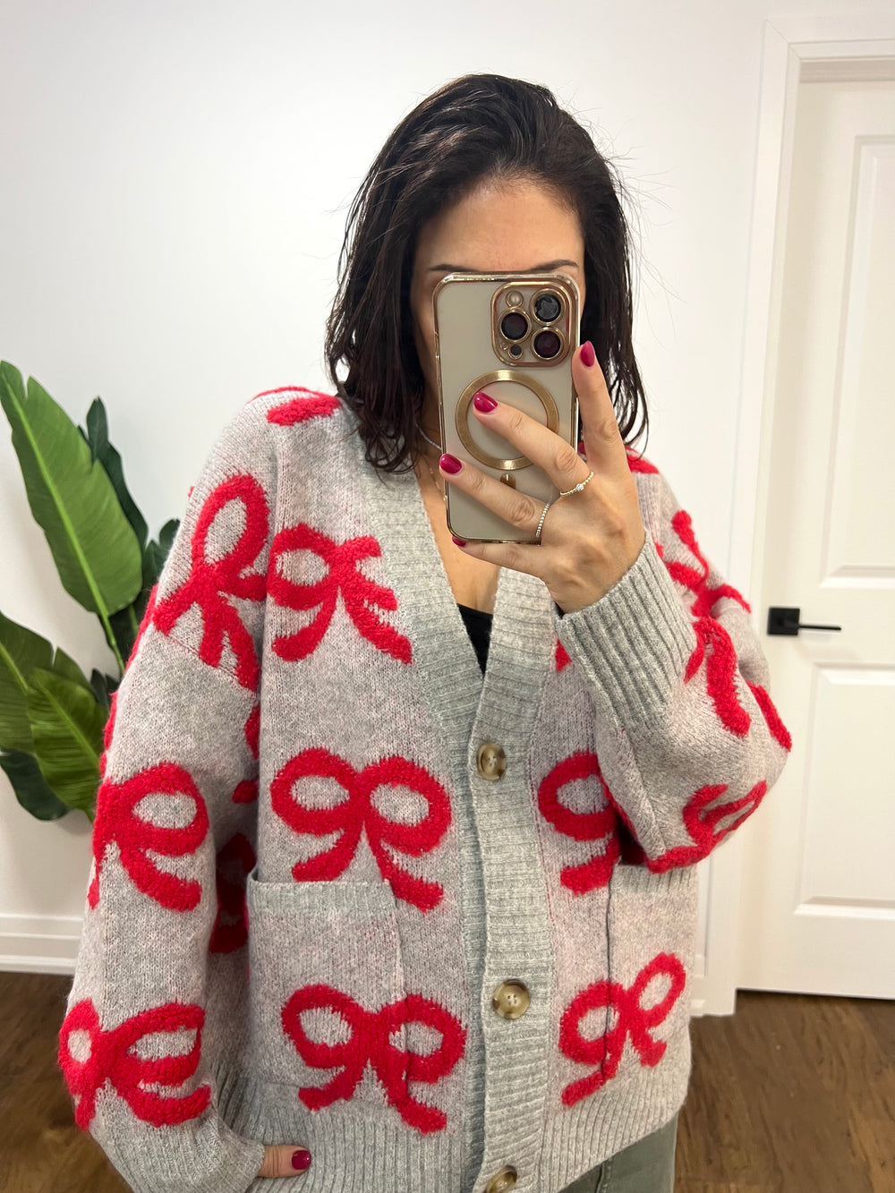 RED BOW GIRL GREY CARDI