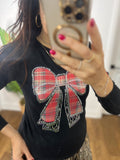 TARTAN BOW W/RHINESTONES SWEATER BLK