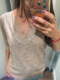 CREELE LACE TAUPE VNECK LIGHT SWEATER
