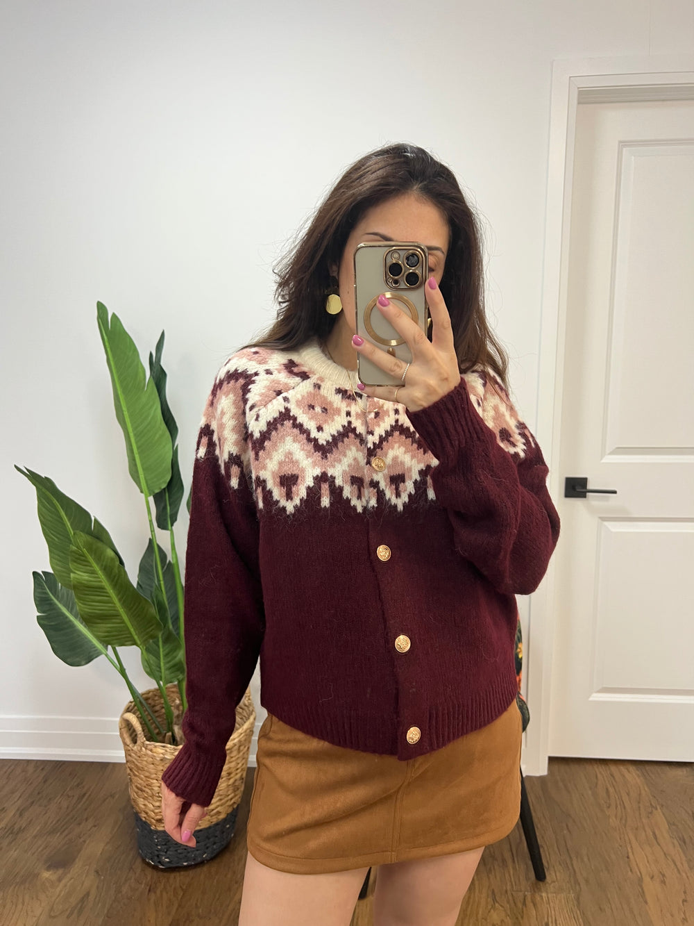 KATLEYN PRUNE L/S GOLD BUTTON CARDI FAIR