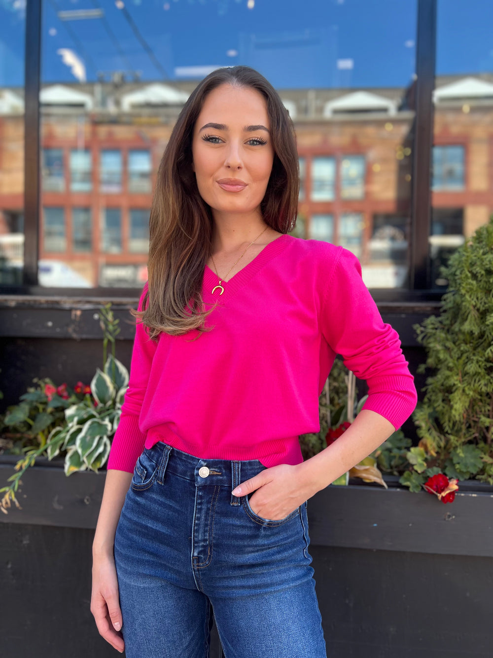 RORY HOT PINK SOFT VNECK SWEATER