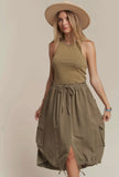 OLIVE DRAWSTRING GARMENT DYE DRESS