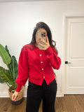 RED CARDI W/UNIQUE SILVER BUTTONS