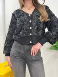 BLACK 3D ROSES CARDI PEARL BUTTONS