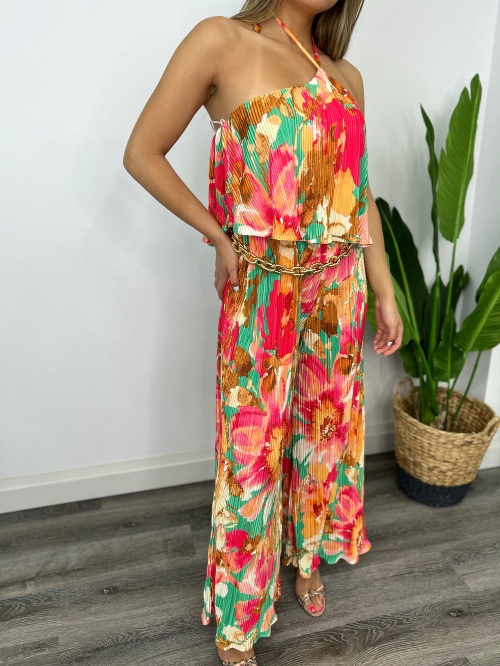 DEVICA ONE SHOULDER PLEATED FLORAL JUMPER