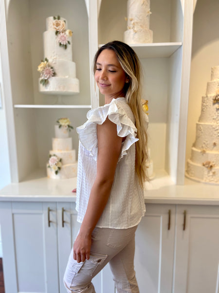 KAWA WHITE TEXTURED PUFF S/SLV TOP