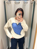 BLUE HEART RHINESTONE SHOULDER SWEATER