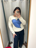 BLUE HEART RHINESTONE SHOULDER SWEATER