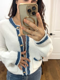 MELISSA DENIM TRIM WHITE WAFFLE CARDI