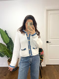MELISSA DENIM TRIM WHITE WAFFLE CARDI