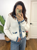 MELISSA DENIM TRIM WHITE WAFFLE CARDI