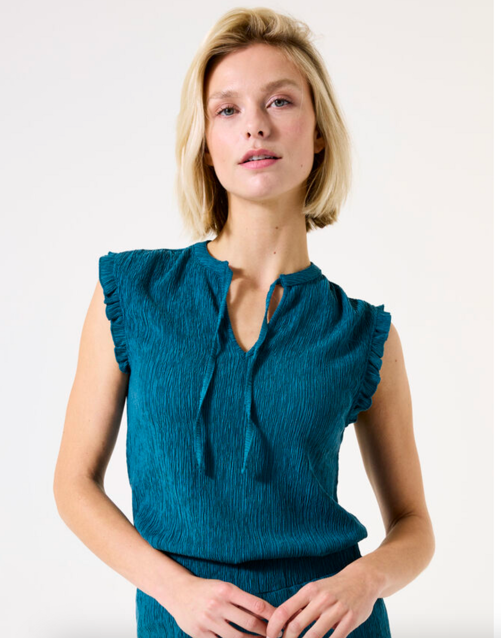 TRINA TEAL TIE NECK CRINKLE TANK
