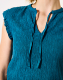 TRINA TEAL TIE NECK CRINKLE TANK