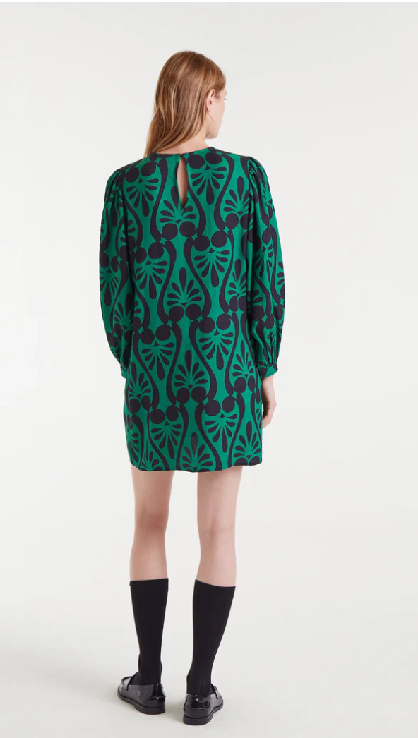 BAROQUE GREEN BLK PRINT WOVEN L/S DRESS