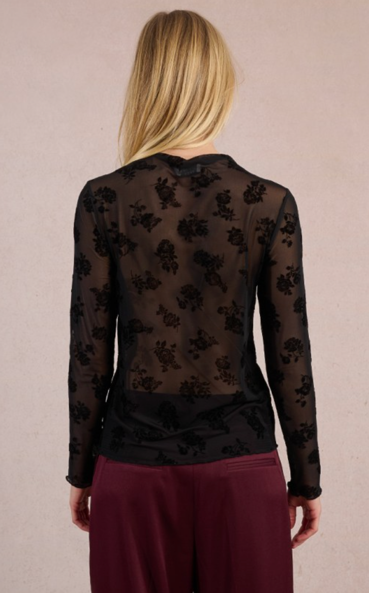 FLOCKED PAISLEY BLACK SHEER L/S
