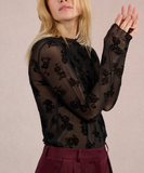 FLOCKED PAISLEY BLACK SHEER L/S