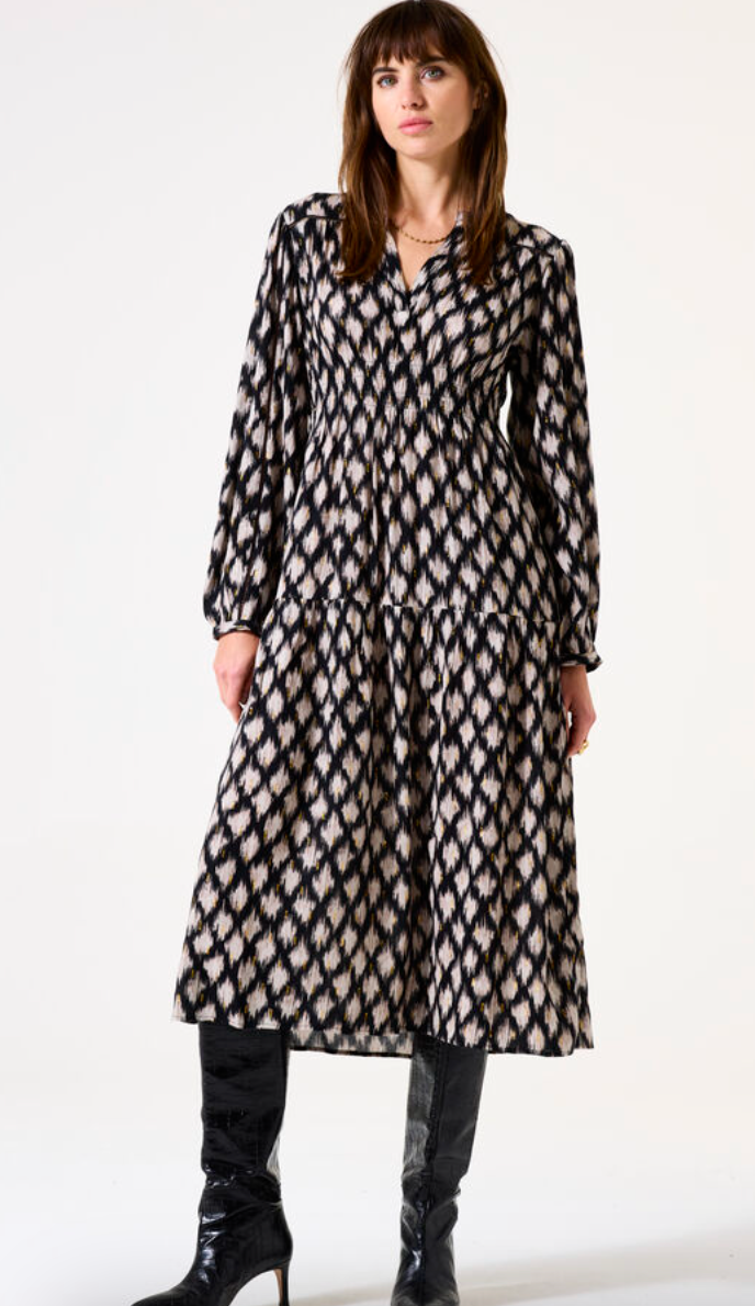 TWINKEL BLK WHITE GOLD FLEX MAXI DRESS