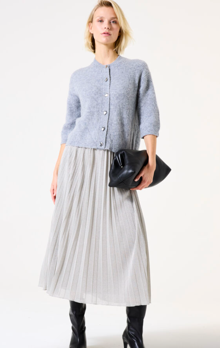 SOFT SILVER GLITTER PLEAT MIDI SKIRT