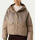 DUSKY TAUPE CONTRAST FABRIC HOOD PUFFER