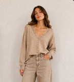 CREELE LACE TAUPE VNECK LIGHT SWEATER