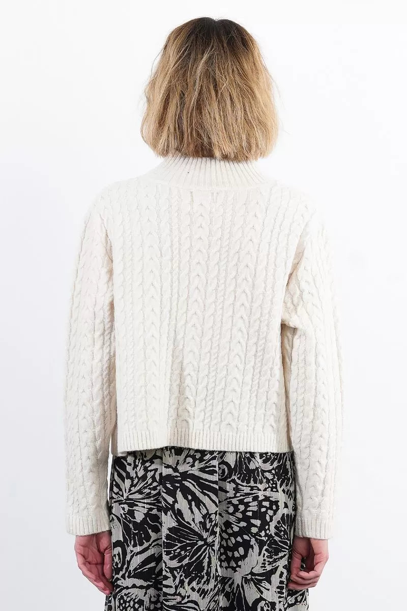 MOCK WRAP CREAM CABLE SWEATER