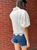 LADY VAIN WHITE LACE TOP W/RHINESTONE BU