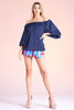 BELINDA NAVY SHINE BILLOW PEASANT BLOUSE