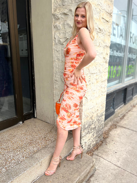 PEACH MESH MERMAID FLORAL DR W/ZIP