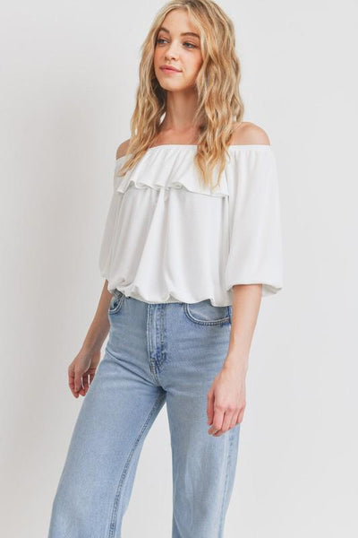 WHITE OFF SHOULDER RUFFLE TOP