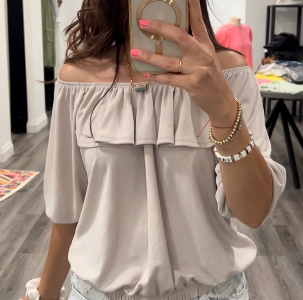 OYSTER OFF SHOULDER RUFFLE TOP