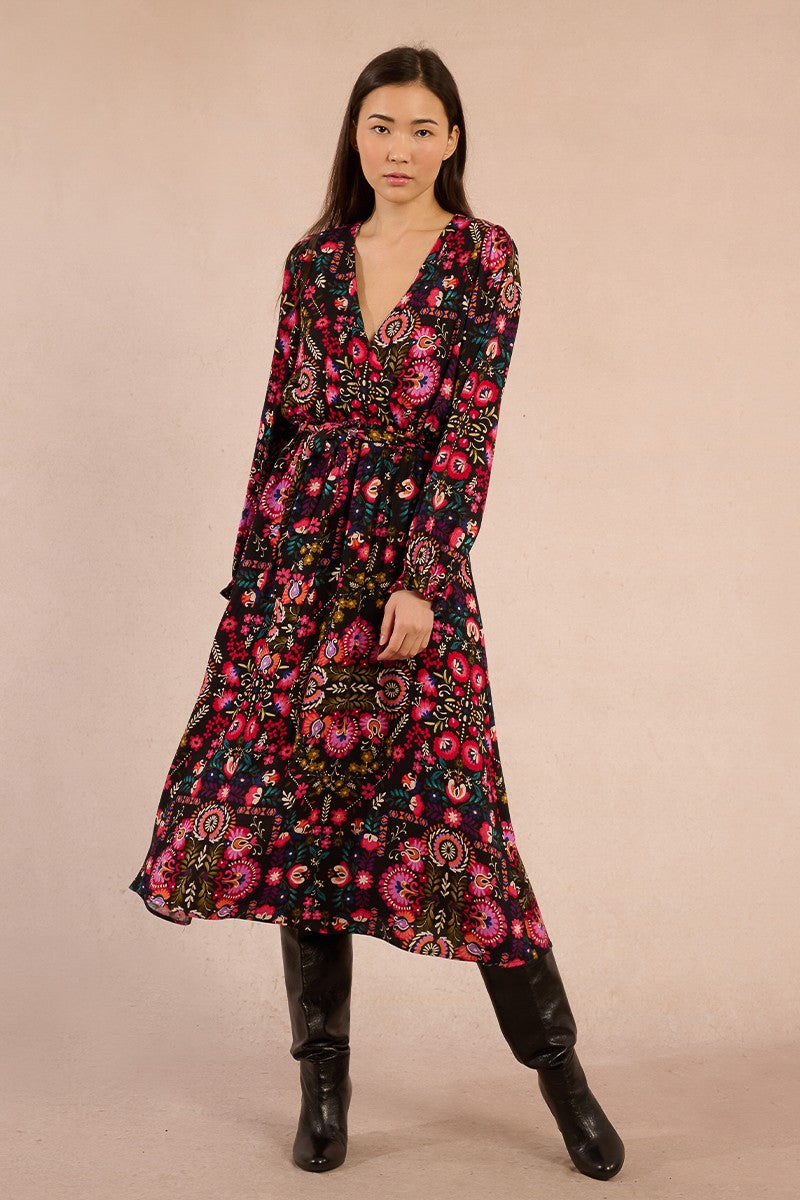IRINA MOCK WRAP FLORAL BLACK DRESS
