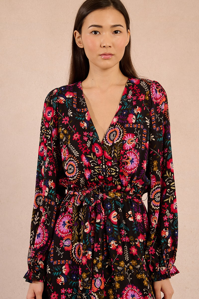 IRINA MOCK WRAP FLORAL BLACK DRESS
