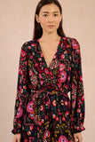 IRINA MOCK WRAP FLORAL BLACK DRESS