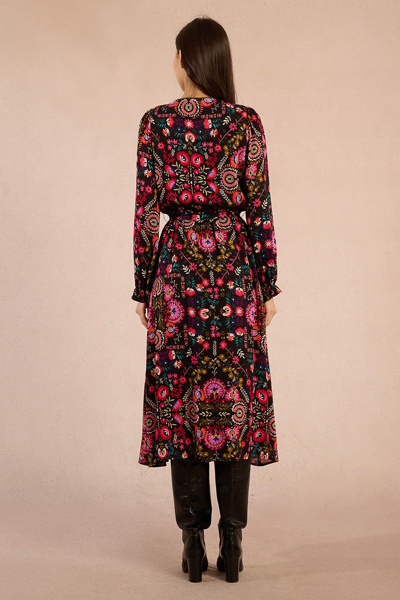 IRINA MOCK WRAP FLORAL BLACK DRESS